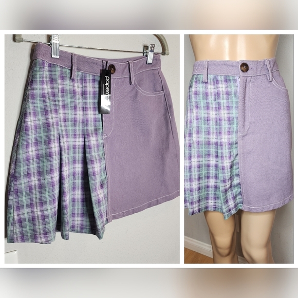 NWT Papermoom Mixed fabric Denim Pleated  mini skirt. Purple green. Size Medium. - Picture 1 of 16